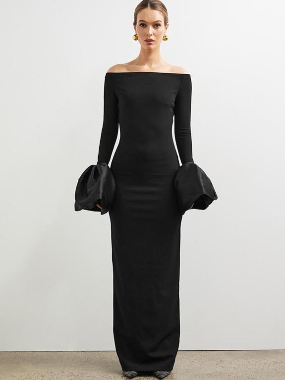 Long Sleeve Fitted Dress with Puff Sleeves and One-Shoulder Neckline