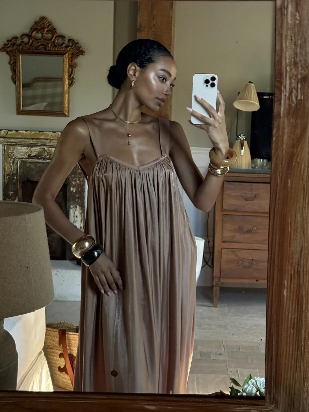 Shirred Strap Maxi Dress