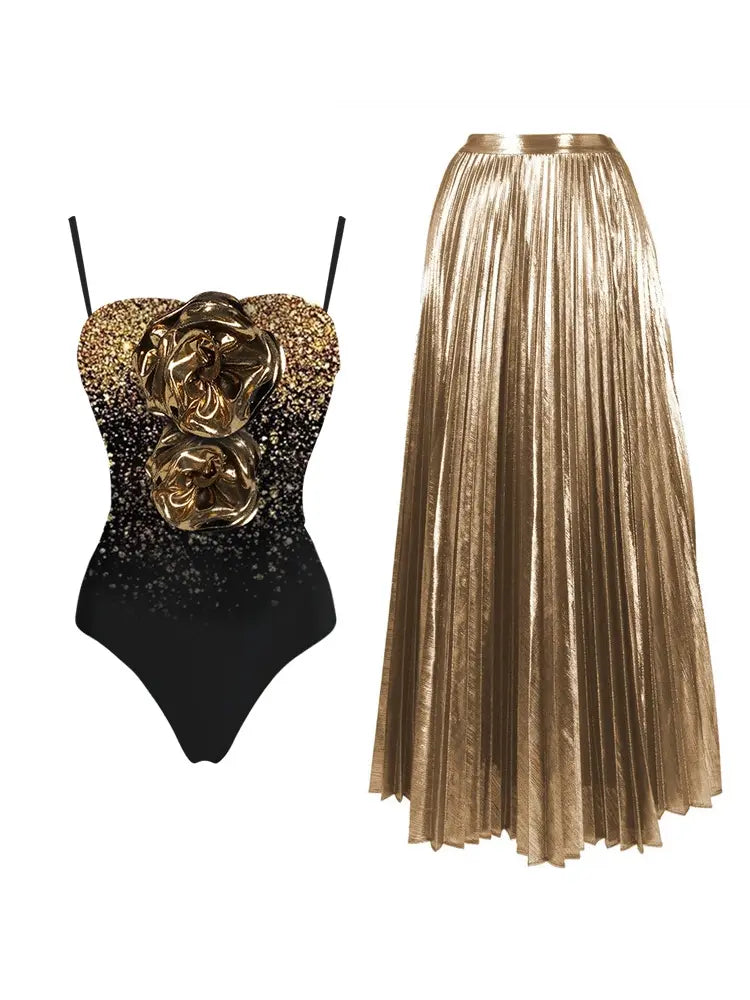 3D Floral Sequin Print Strapless Swimsuit Set