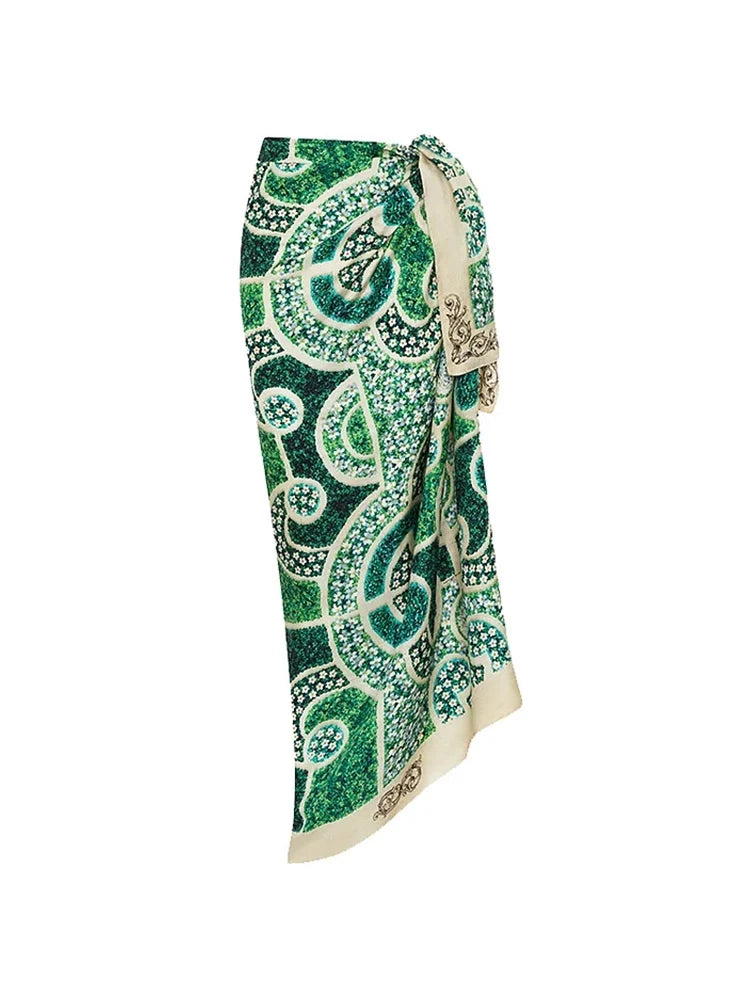 Green Ethnic Print One Piece Swimsuit Set