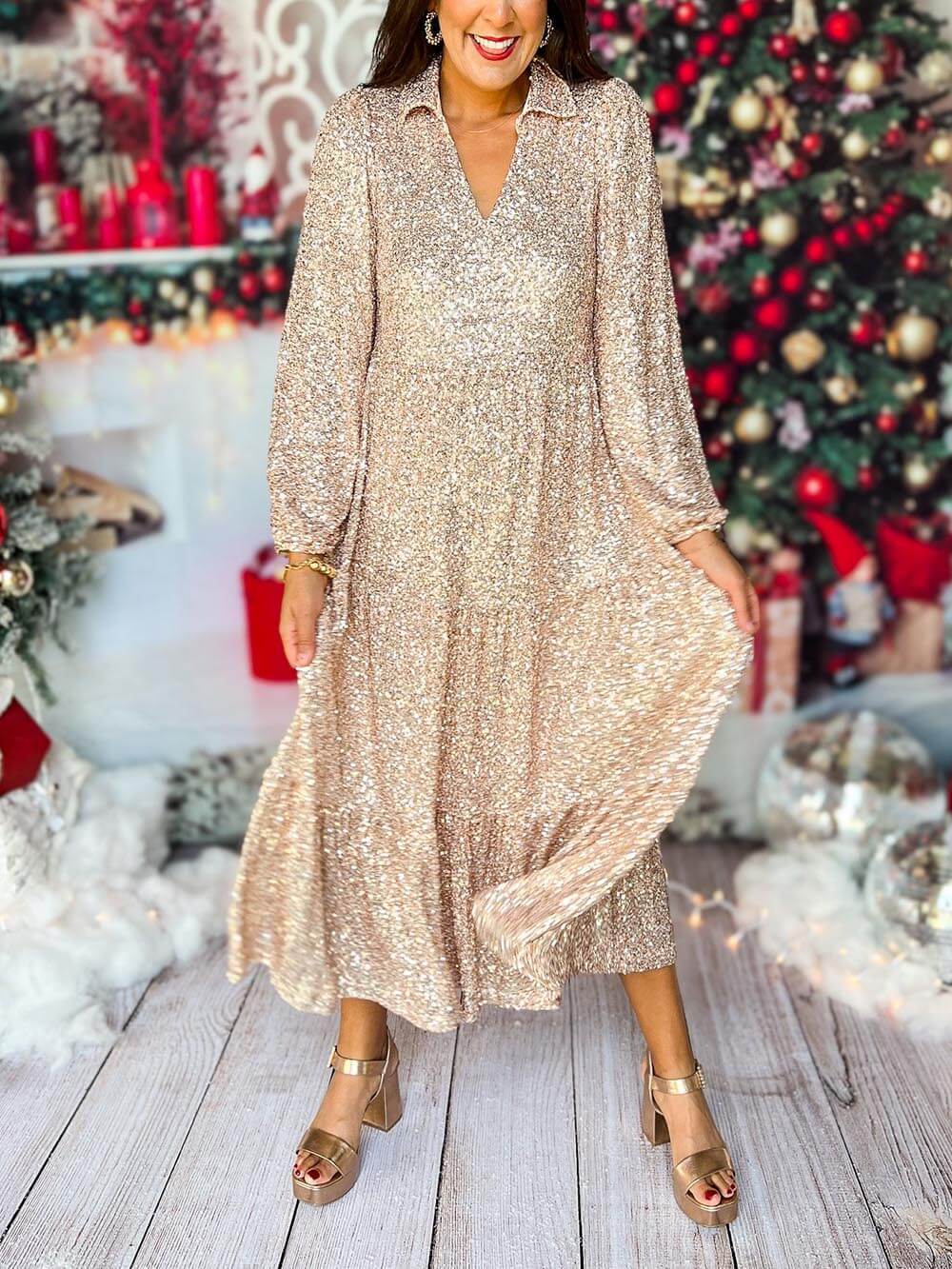 Long Sleeve V Neck Sequin Maxi Dress