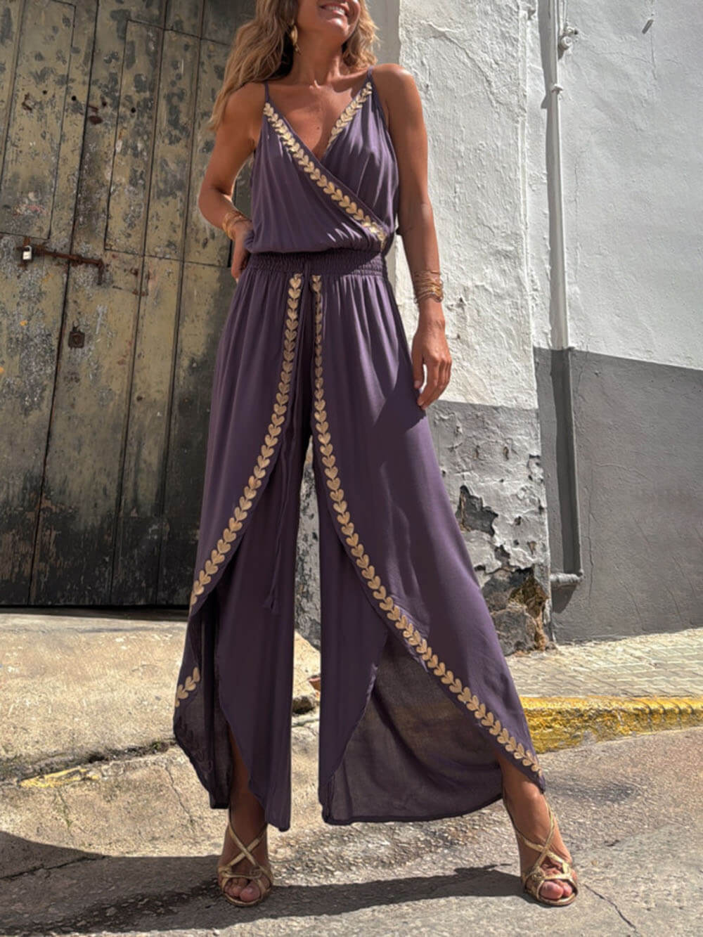 Unique Gold Trim Cross-Neck Elastic Waist Drawstring Slit Jumpsuit
