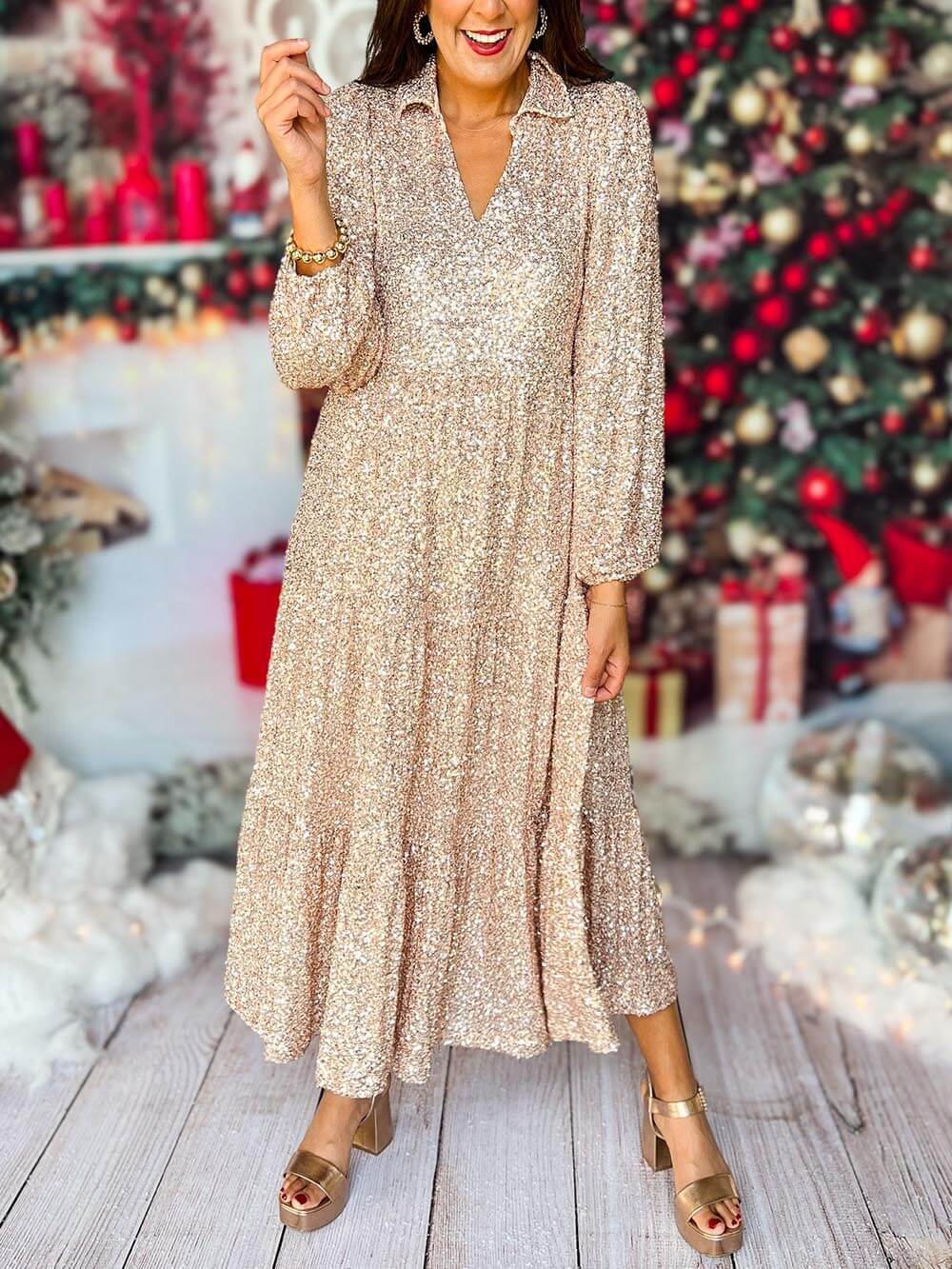 Long Sleeve V Neck Sequin Maxi Dress