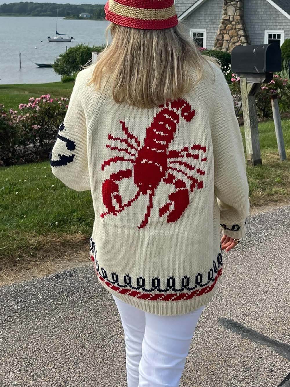 Fashion Lobster Print Casual Long Sleeve Knit Cardigan
