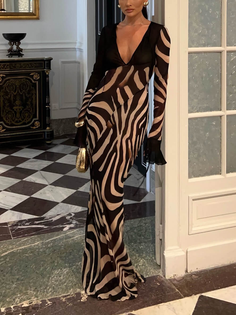 Elegant Night Chiffon Colorblock Animal Print Tie-up Long Sleeve Maxi Dress