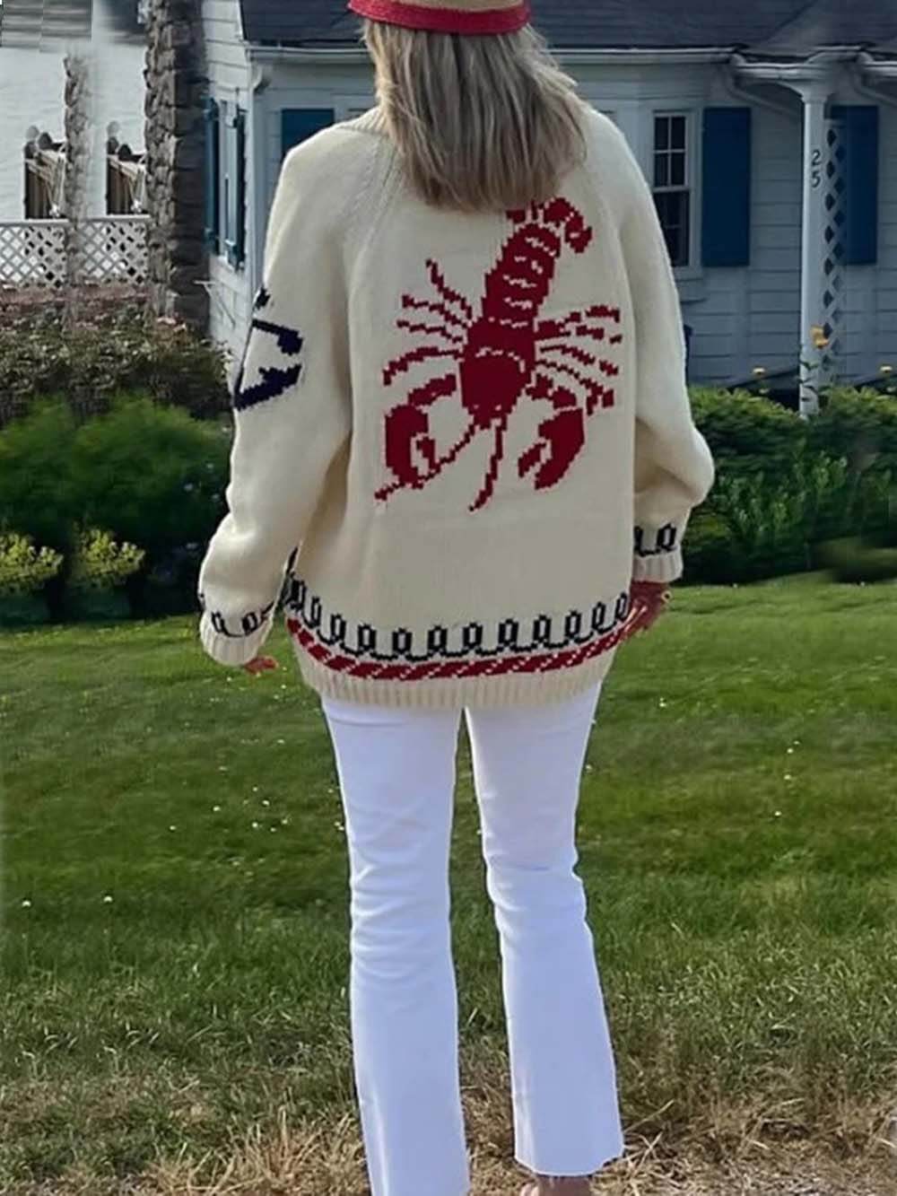 Fashion Lobster Print Casual Long Sleeve Knit Cardigan