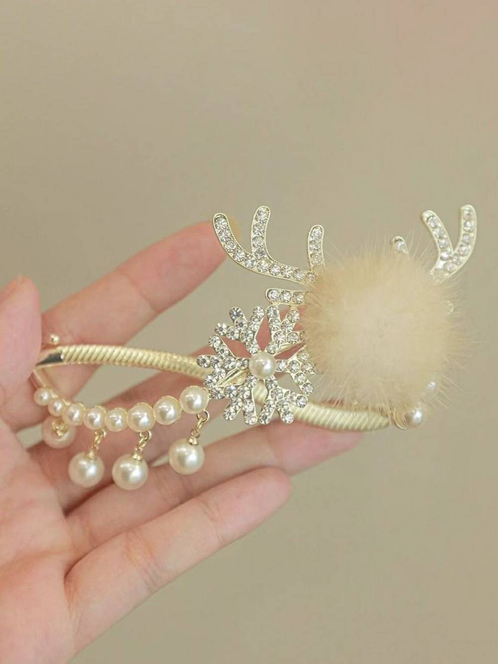 Deer Antler Pearl Rabbit Fur Hair Clip