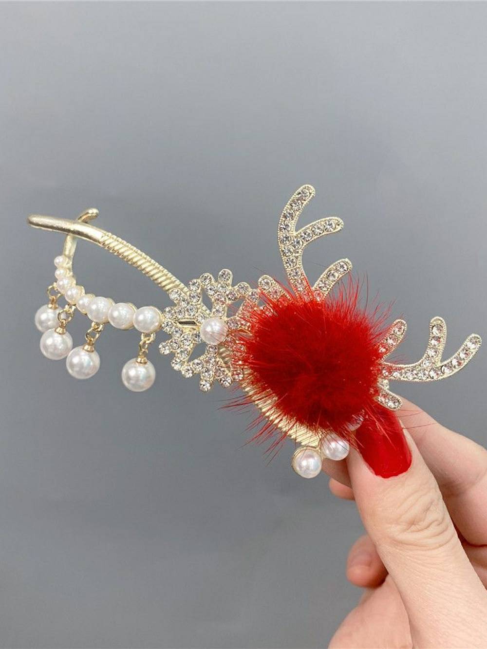 Deer Antler Pearl Rabbit Fur Hair Clip