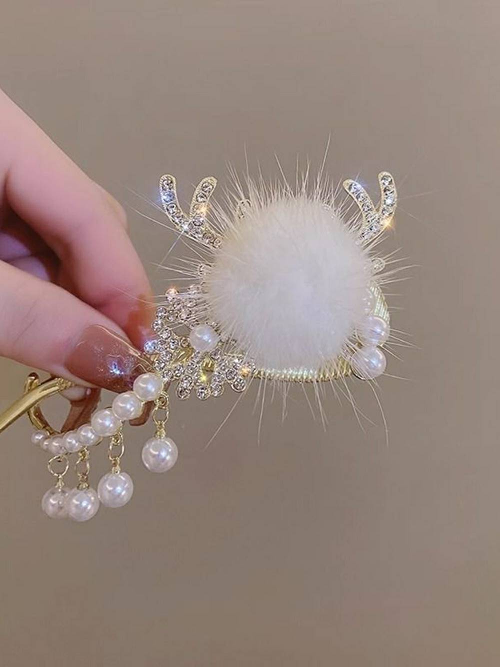 Deer Antler Pearl Rabbit Fur Hair Clip