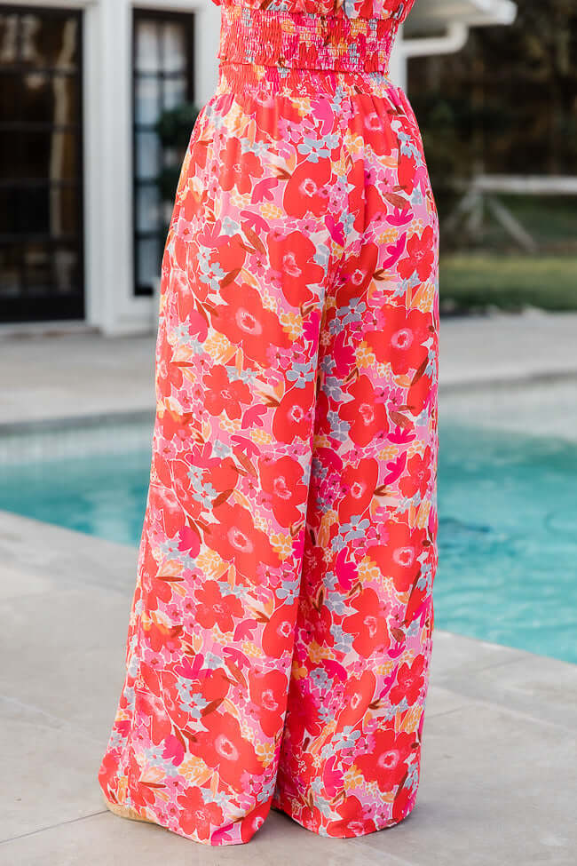 Boho Floral Two Piece Pant Set In Red Pappy