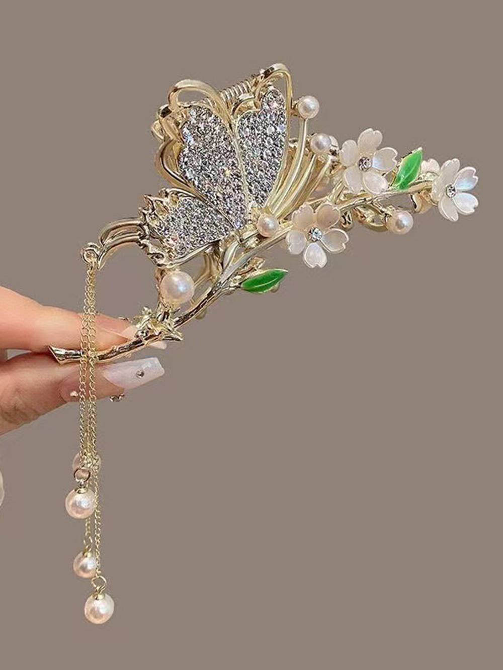 Red Rose Hair Clip with Tassel Shark Clip