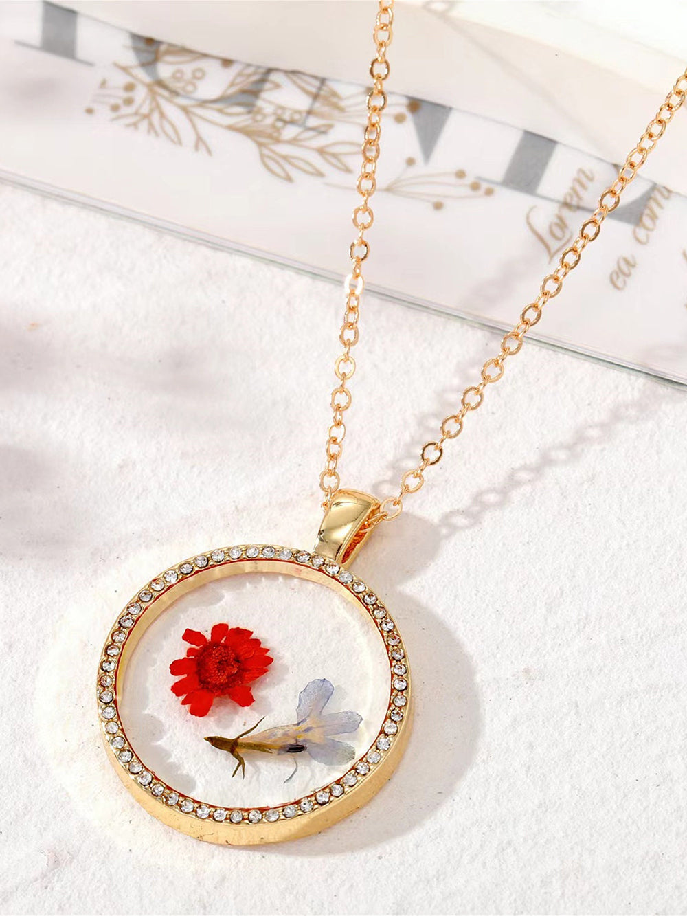 Resin Pressed Flower Necklaces - Rhinestone Birth Month Floral