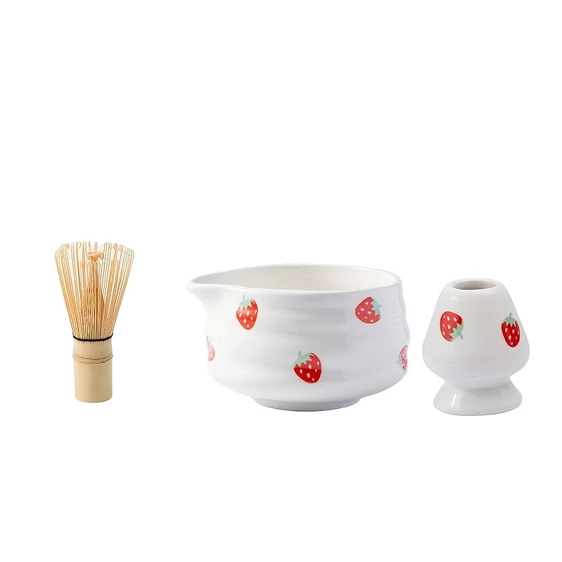 Japanese Strawberry Matcha Bowl Set with Whisk – Cute Ceramic Tea Bowl for Authentic Matcha Experience