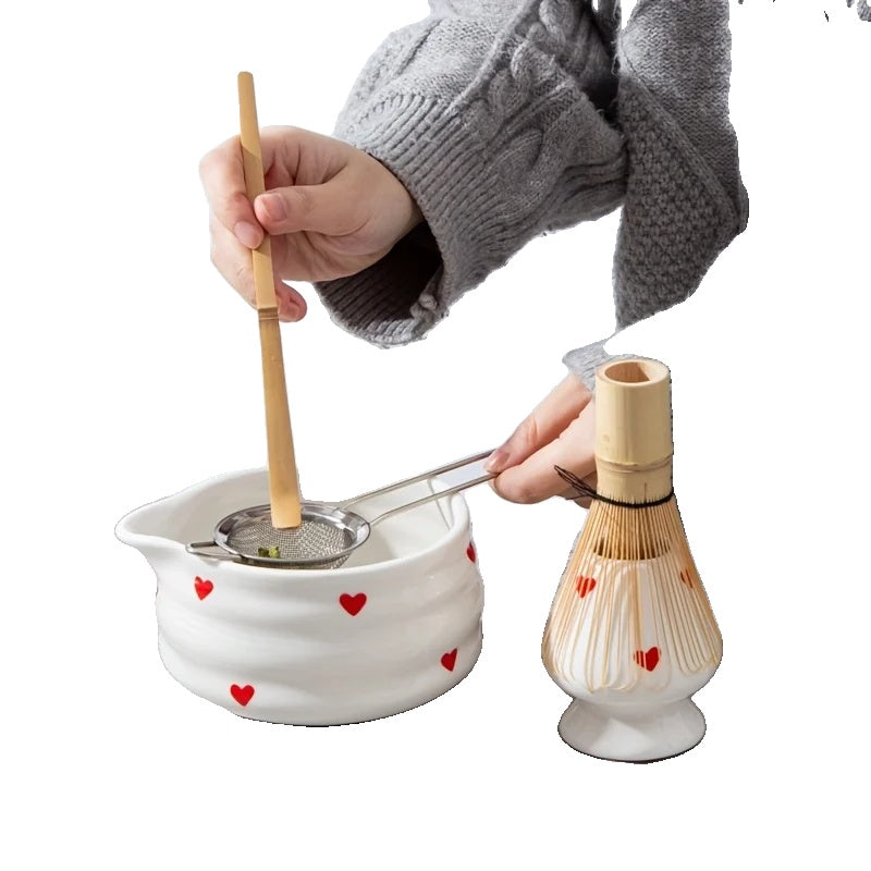 Heart-Shaped Japanese Matcha Bowl Set with Whisk – Authentic Tea Ceremony Tool for Matcha Preparation