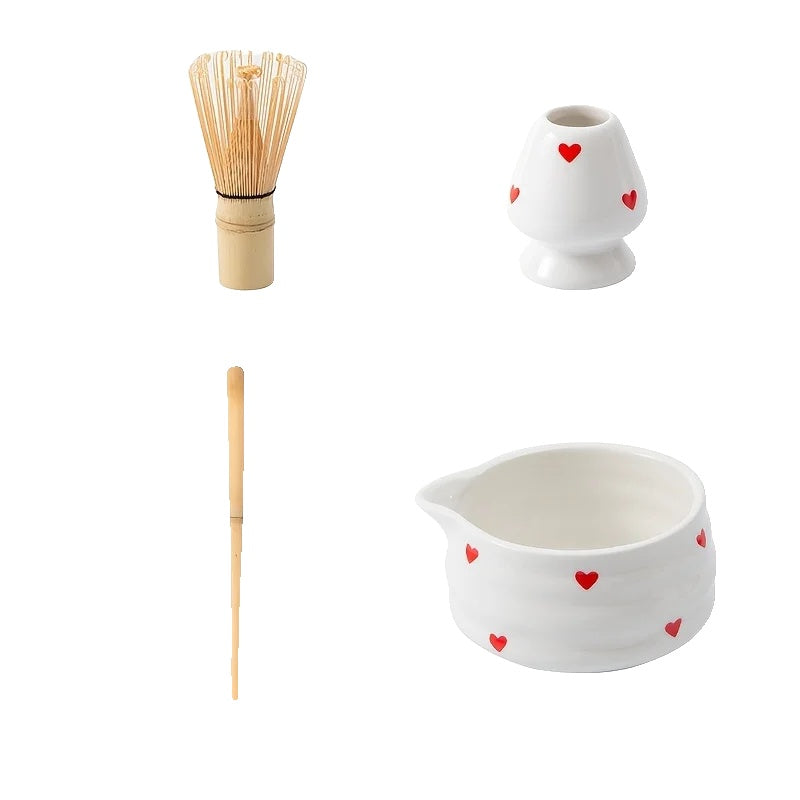Heart-Shaped Japanese Matcha Bowl Set with Whisk – Authentic Tea Ceremony Tool for Matcha Preparation
