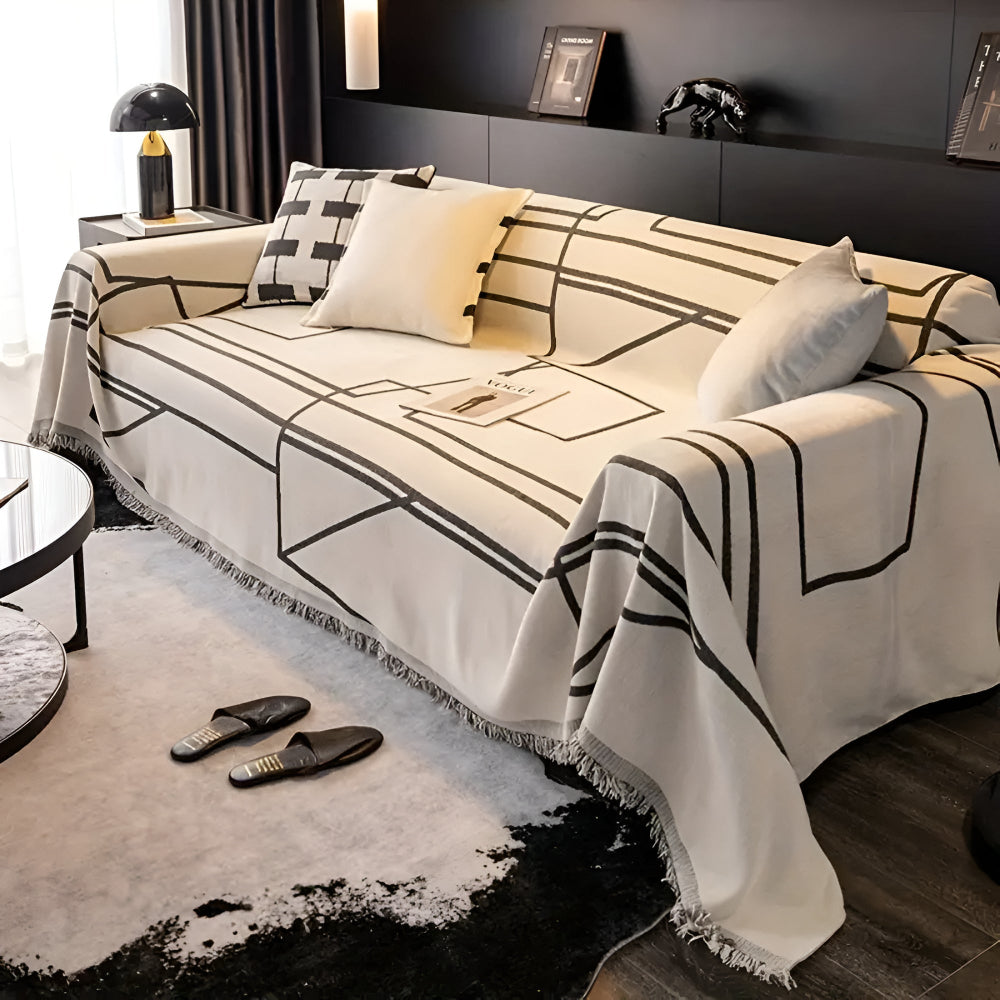 Black geometric sofa cover with white line pattern, modern couch throw for living room protection and home decor