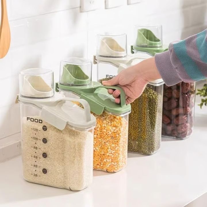 Airtight plastic food storage containers with measuring cup lid, kitchen canisters for rice, grains, beans, and cereals