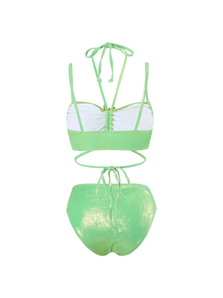Mint Green Rhinestone Halter Bikini Set