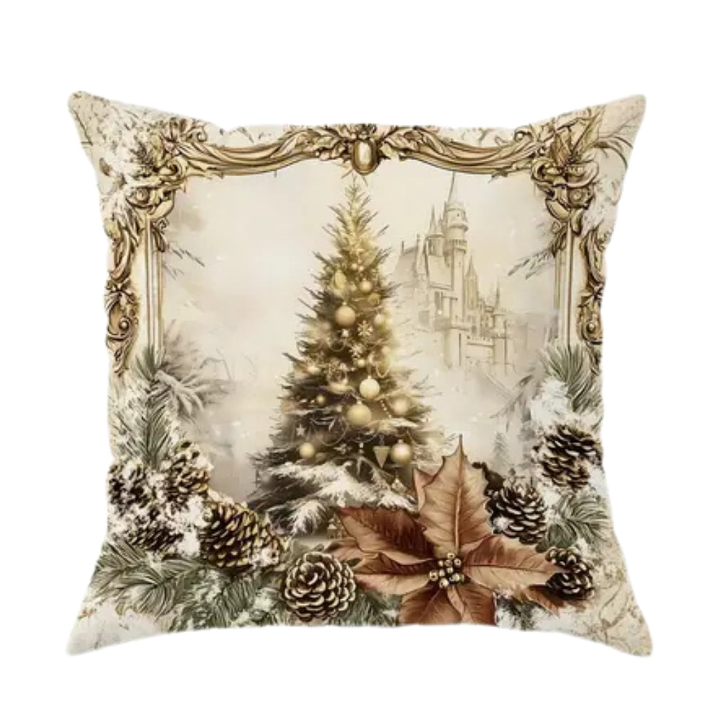 Set of Christmas decorative throw pillow covers with Santa, reindeer, Christmas tree, and pinecone wreath designs for holiday home decor