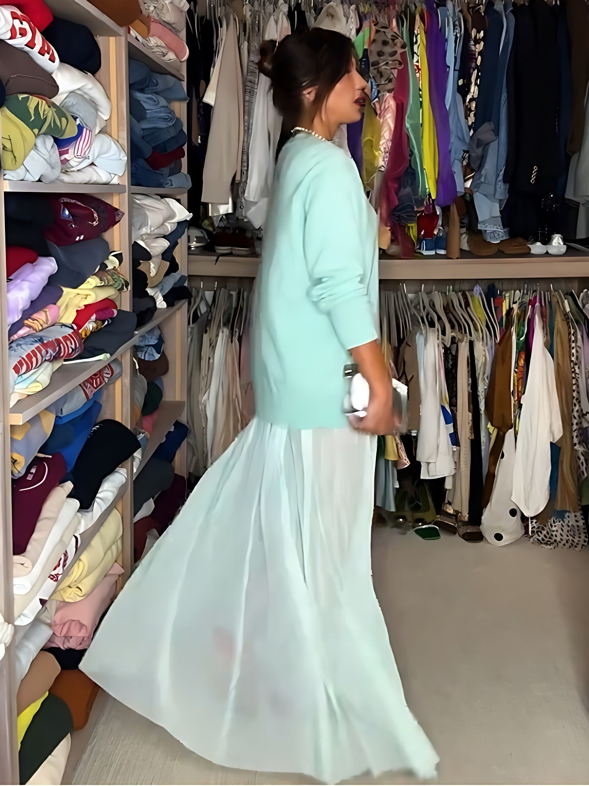 Mint Green Sweater with Cocktail Pattern & Sheer Tulle Maxi Skirt Outfit