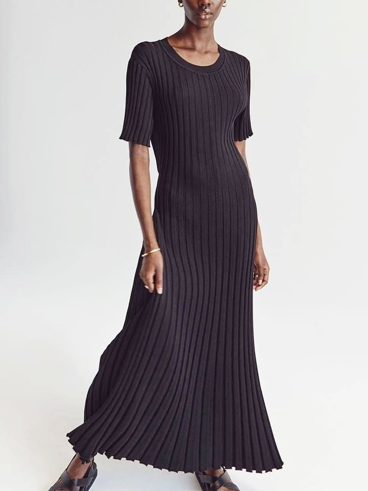 Casual Striped Crew Neck Knit Maxi Dress