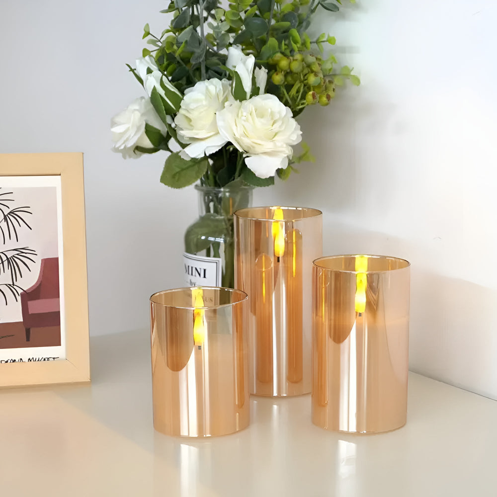 Set of flameless LED pillar candles with frosted glass, realistic battery-operated candles for home decor and ambient lighting
