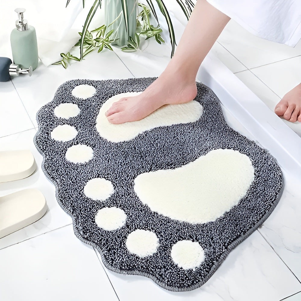 Gray footprint bath mat with soft plush texture, absorbent and non-slip bathroom rug for shower and tub