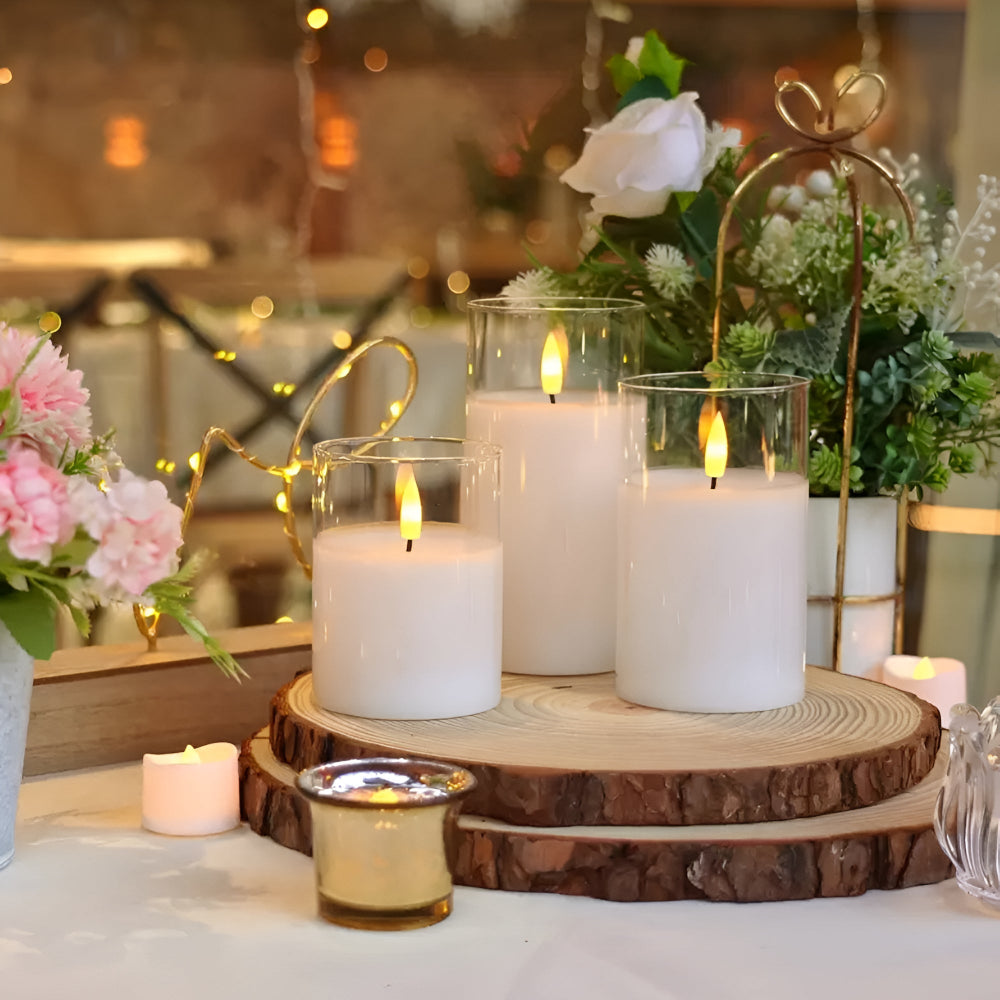 Set of flameless LED pillar candles with frosted glass, realistic battery-operated candles for home decor and ambient lighting