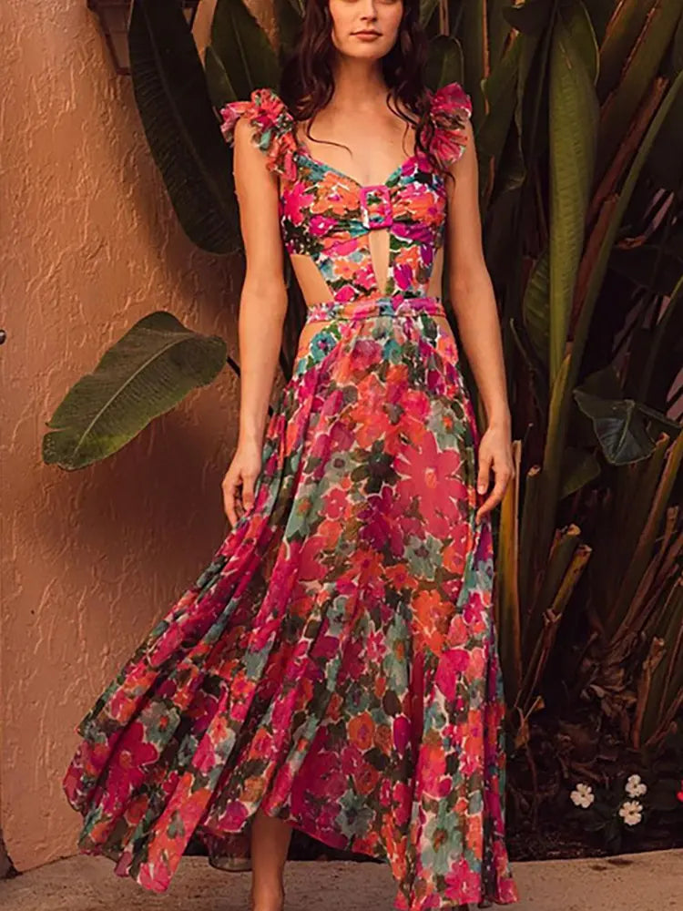 Print Cutout One Piece Swimsuit Set