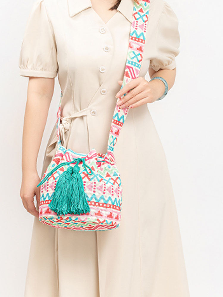 Printed Canvas Crossbody Barrel Bag