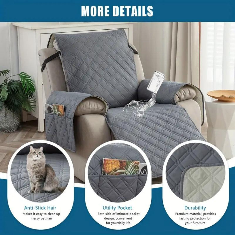 Grey quilted recliner chair cover – waterproof furniture protector with side pockets for living room seating