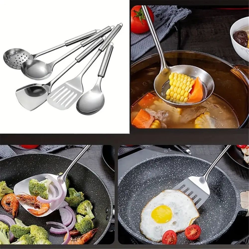5-piece stainless steel kitchen utensil set with wok spatula, slotted spatula, ladle, skimmer, and serving spoon for cooking
