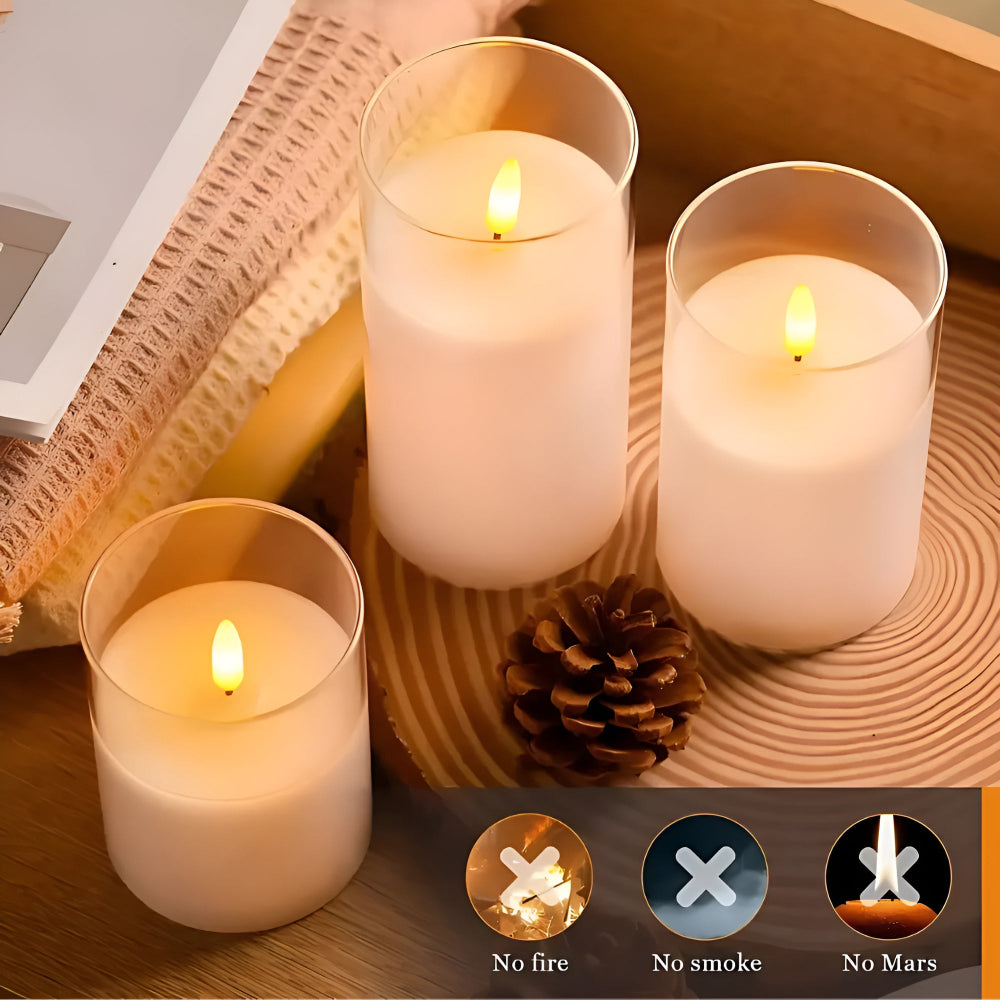 Set of flameless LED pillar candles with frosted glass, realistic battery-operated candles for home decor and ambient lighting