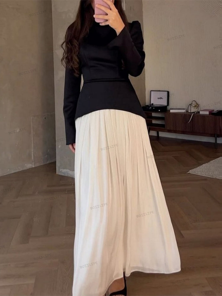 Color Block Splicing Slim Fit Lace-Up Long Sleeve Maxi Dress