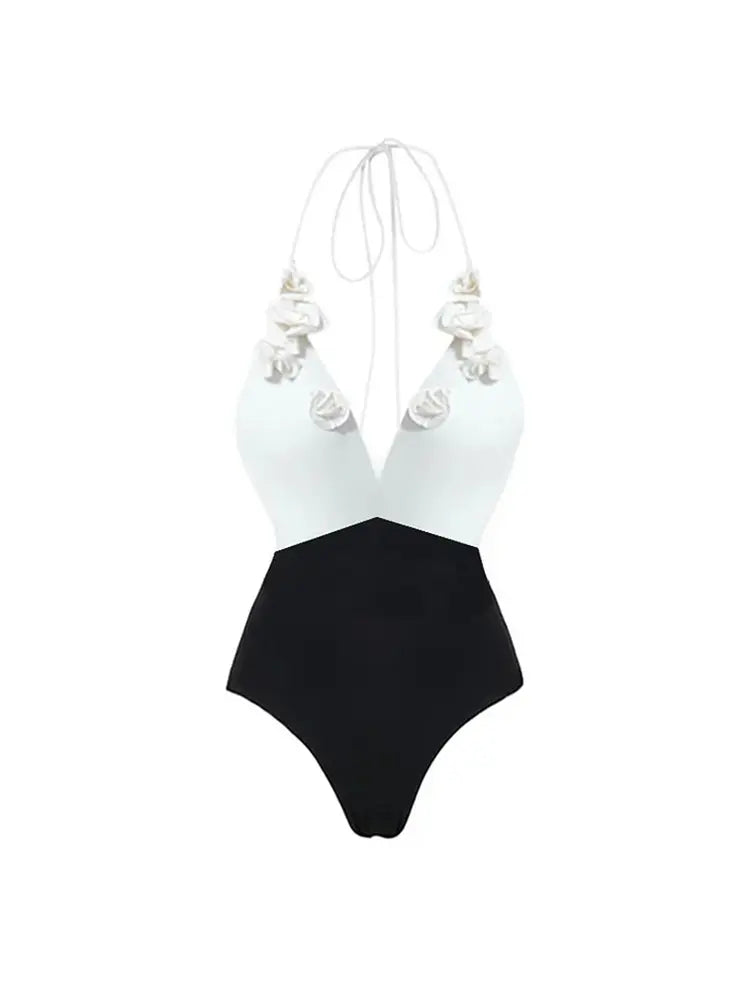 Halter Solid Color Floral Embellished Swimsuit