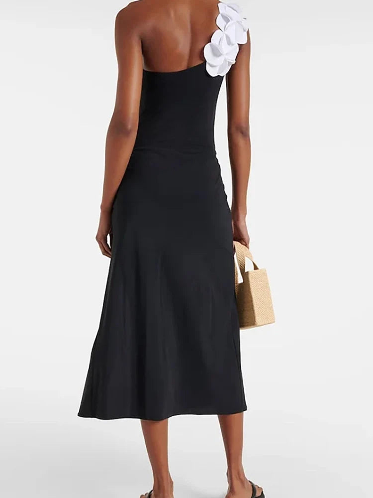 3D Floral One-Shoulder Black Swimsuit