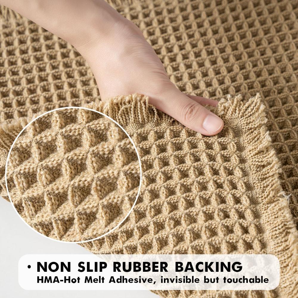Anti-slip waffle bathroom rug in natural beige with textured weave, absorbent bath mat for shower and bathroom floor
