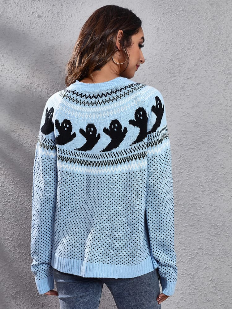 Literary Retro Ghost Pattern Round Neck Knitted Sweater