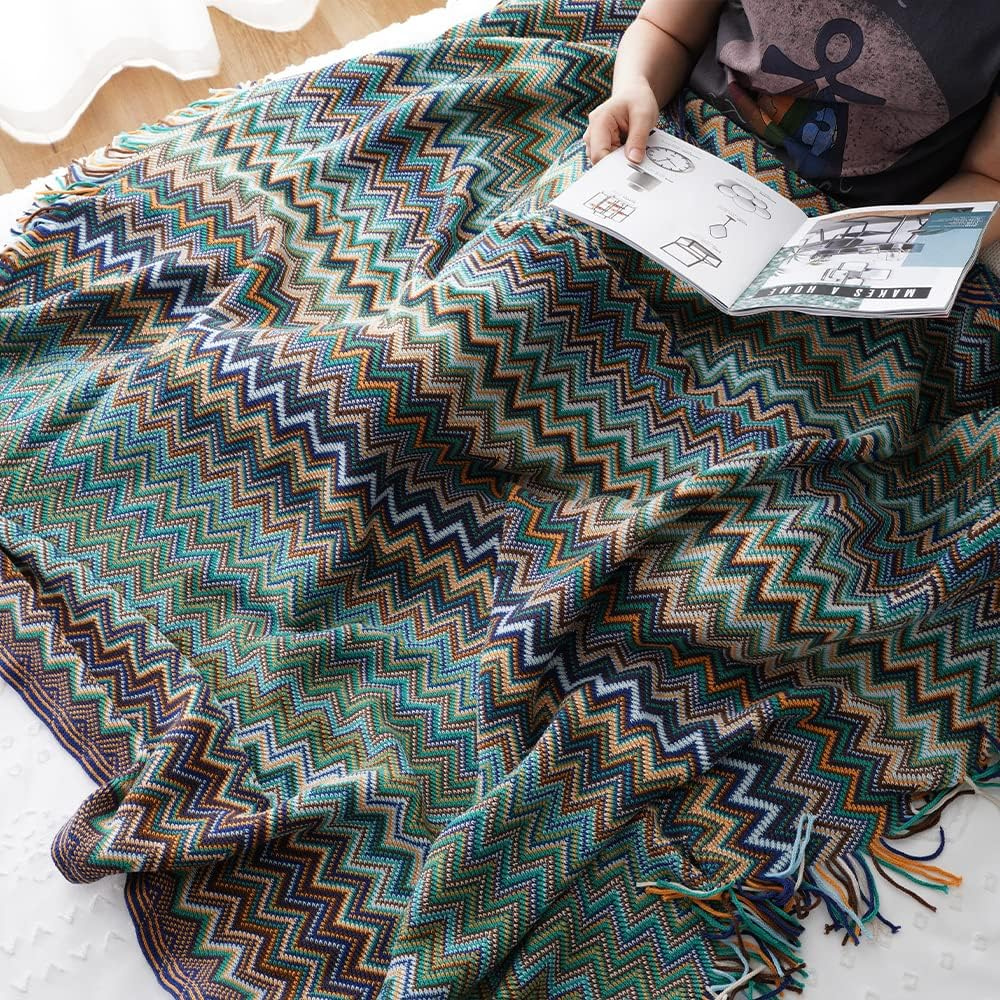 Multicolor Zigzag Tasseled Knit Throw