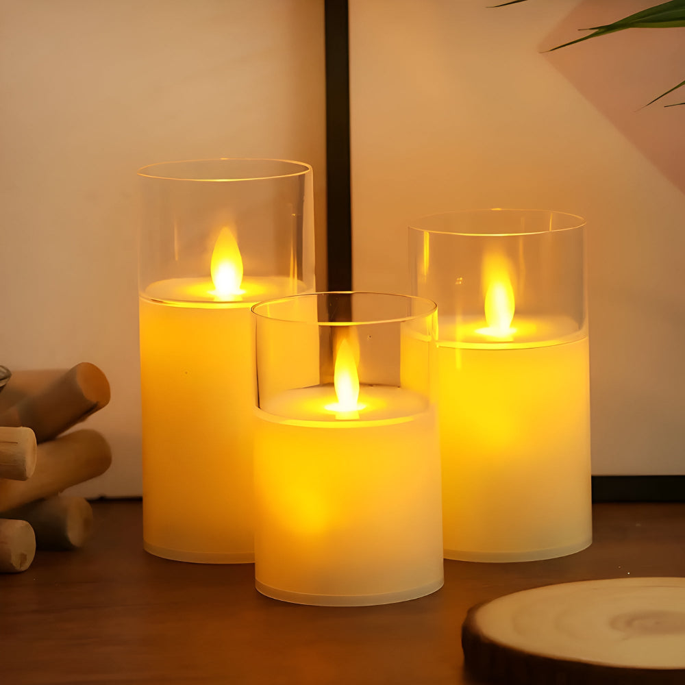 Set of flameless LED pillar candles with frosted glass, realistic battery-operated candles for home decor and ambient lighting