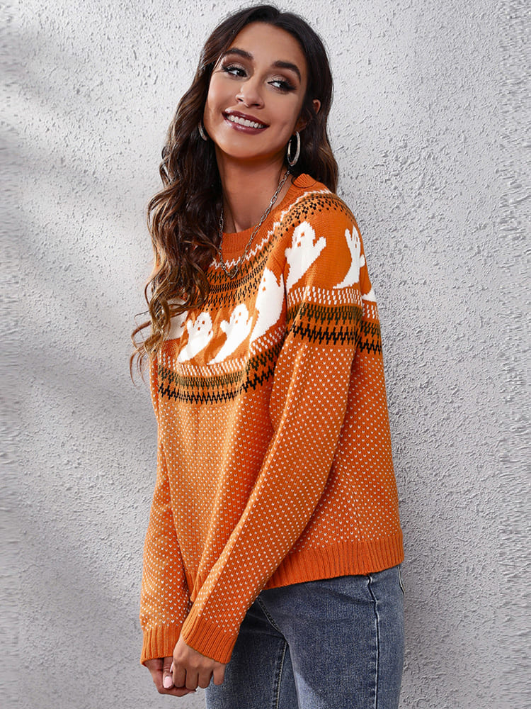 Literary Retro Ghost Pattern Round Neck Knitted Sweater