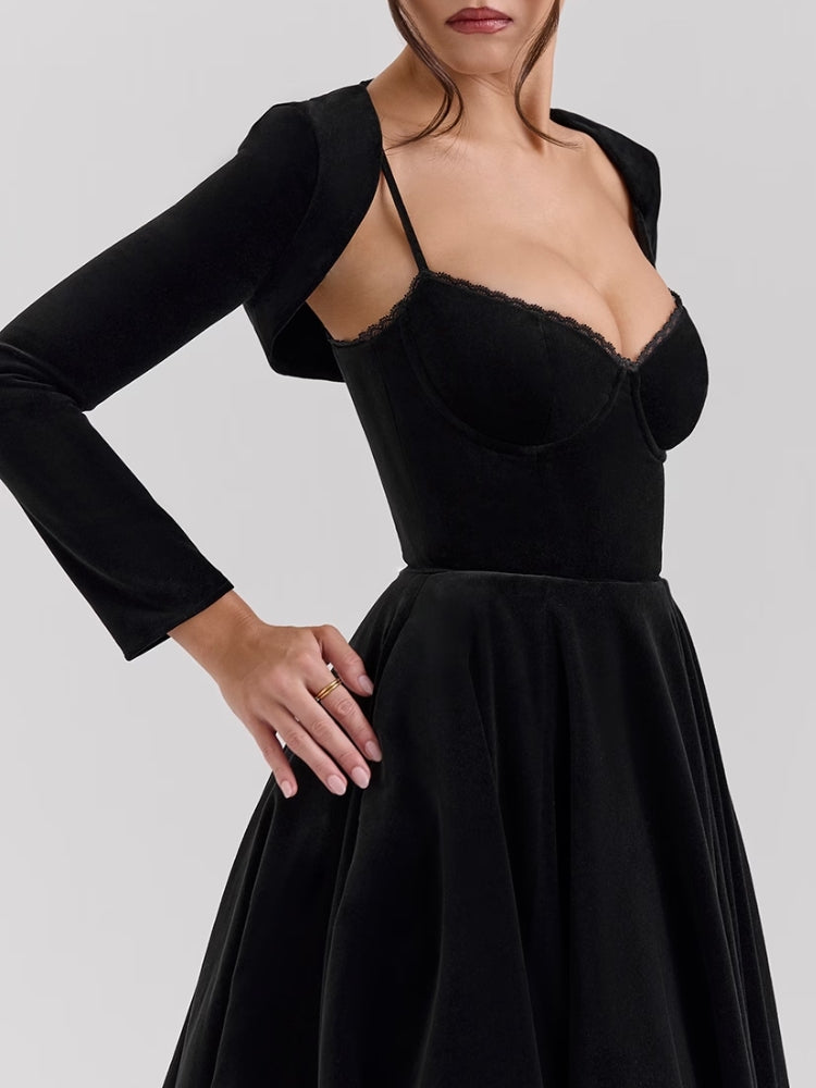 Black Velvet Tulle Midi Dress