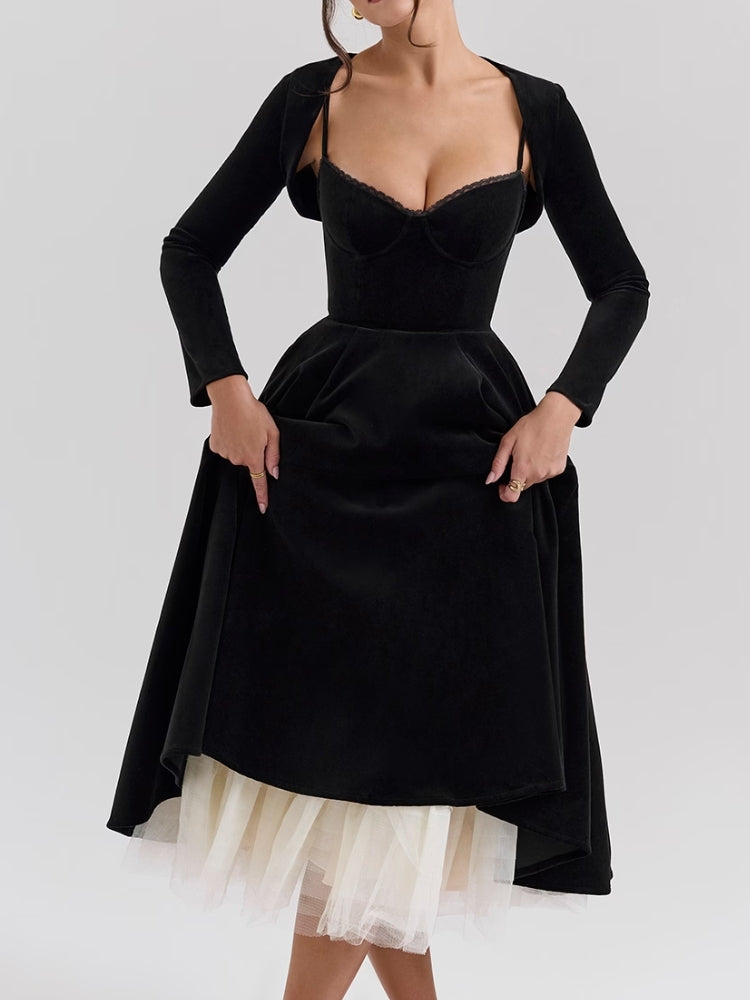 Black Velvet Tulle Midi Dress
