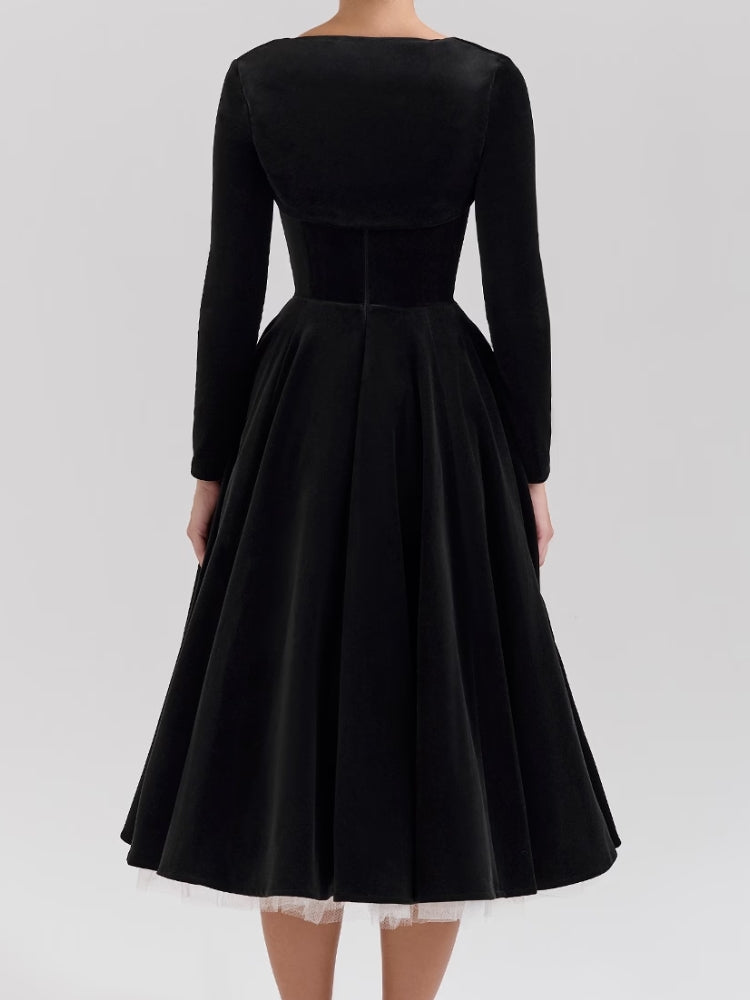 Black Velvet Tulle Midi Dress