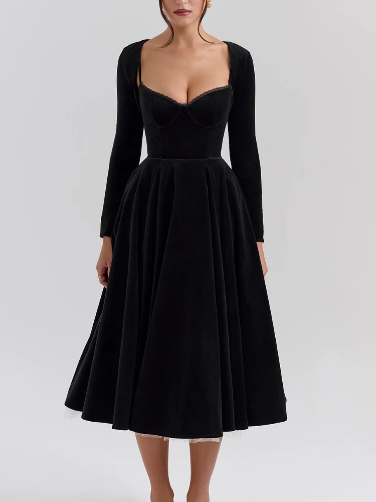 Black Velvet Tulle Midi Dress