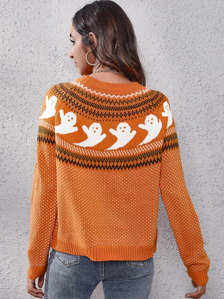 Literary Retro Ghost Pattern Round Neck Knitted Sweater