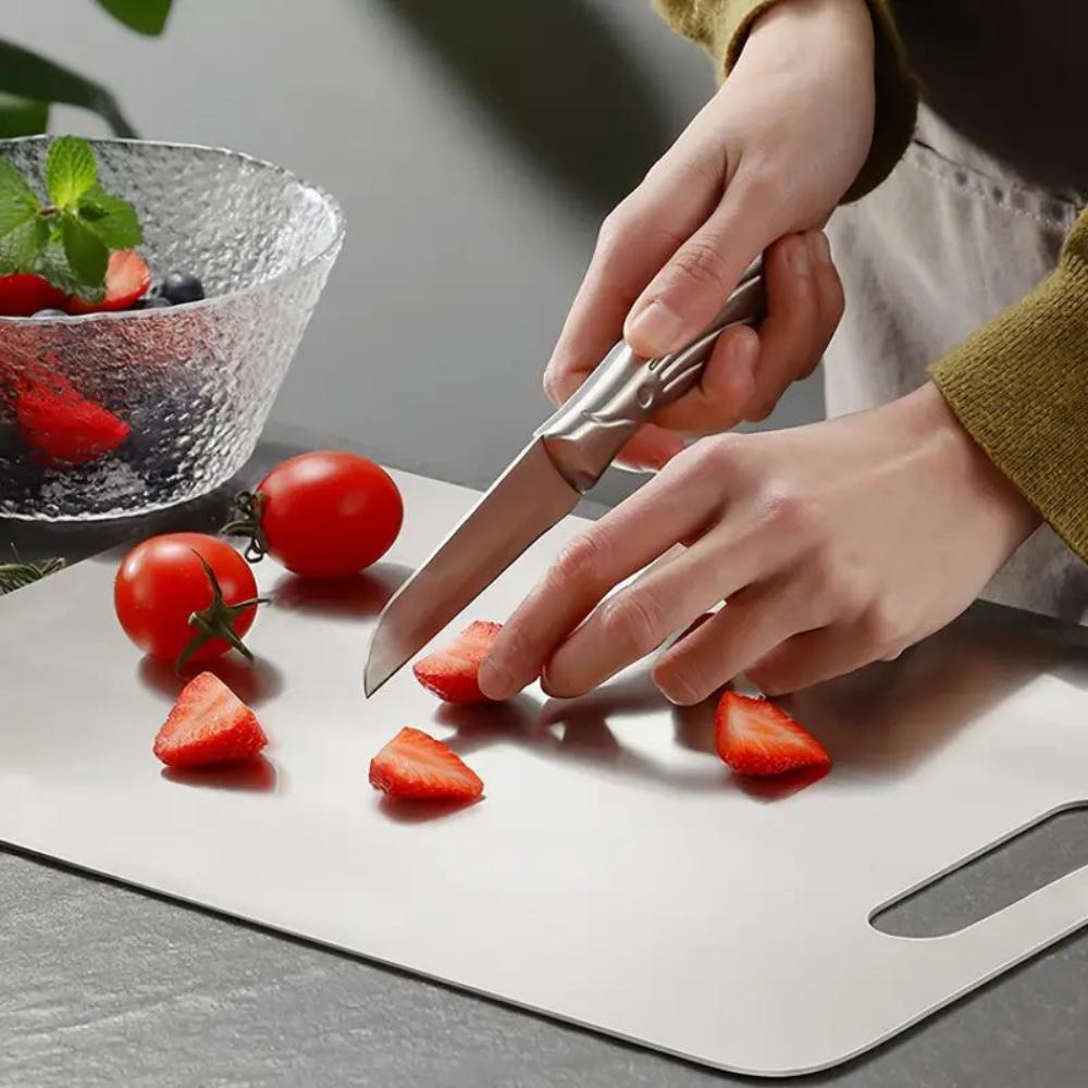Stainless steel cutting board with handle, durable kitchen chopping board for meat, vegetables, and food prep