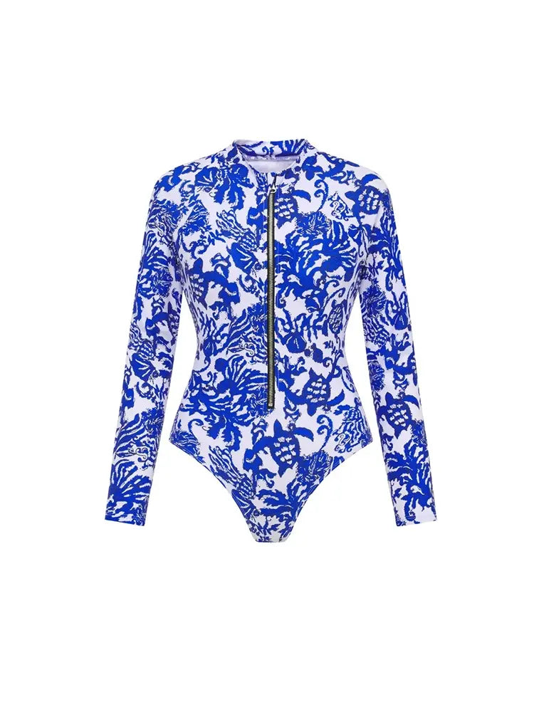 Blue Printed Zip Up Long Sleeve Surf Swimsuit
