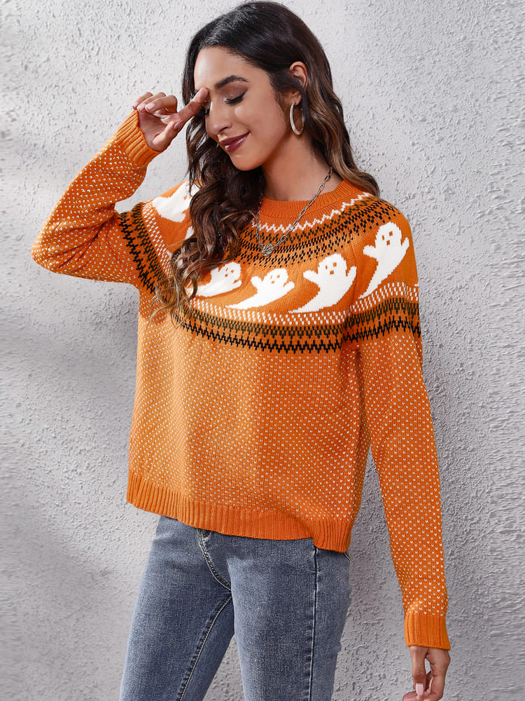 Literary Retro Ghost Pattern Round Neck Knitted Sweater