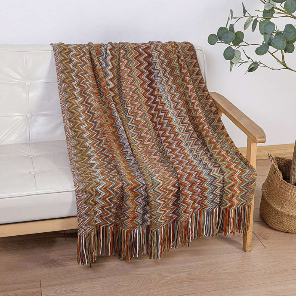 Multicolor Zigzag Tasseled Knit Throw